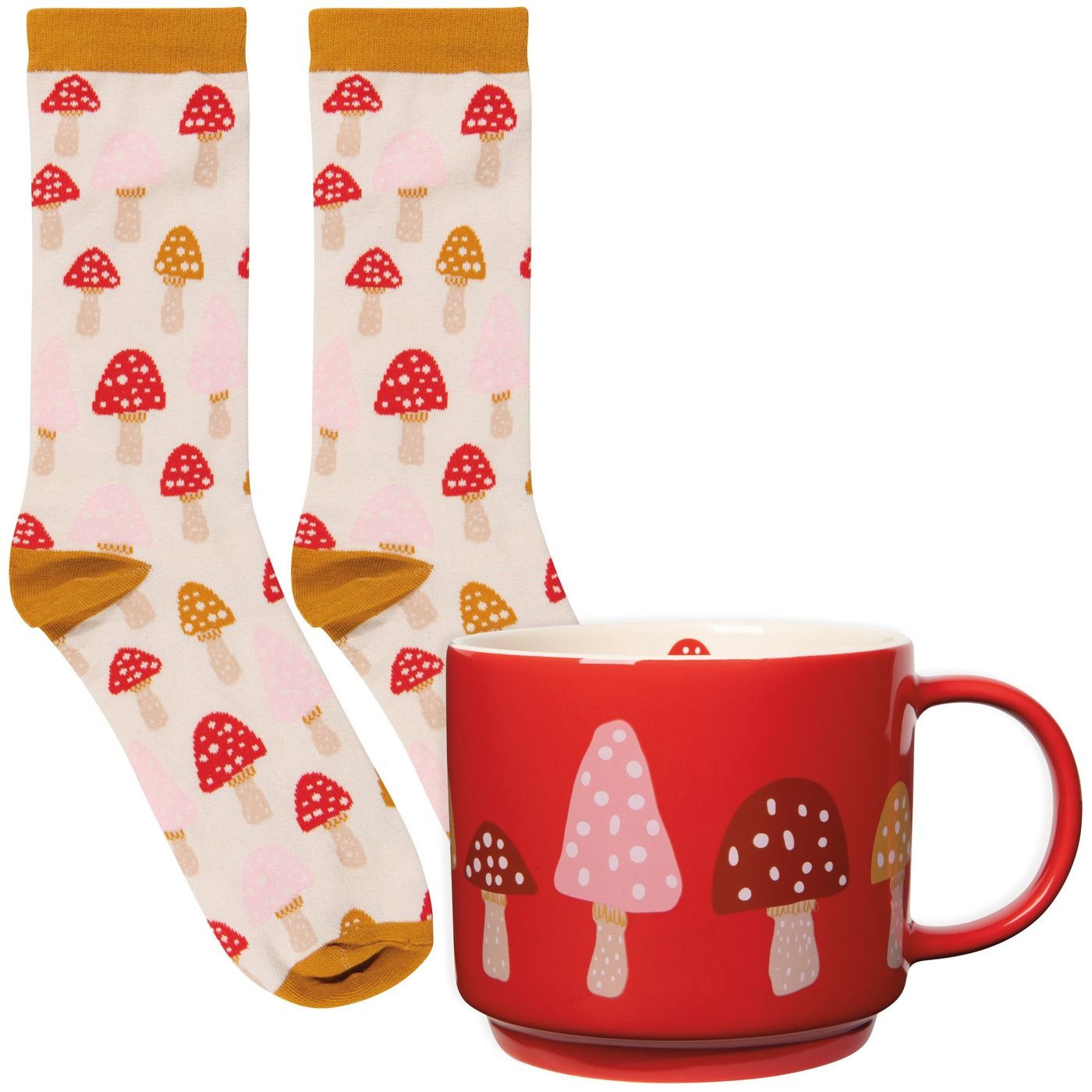 Sip &amp; Sox Set - Toadstool Set/2 DIA3.75 × H3.5" 16 oz Mug: Stoneware; Socks: 70% Cotton, 28% Polyester, 2% Spandex