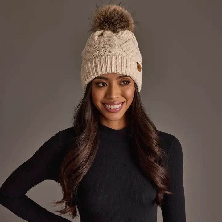 Beige Cable Knit Pom Hat