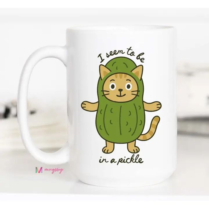 Funny Cat Coffee Mug – I Seem to Be in a Pickle - All White / 15oz