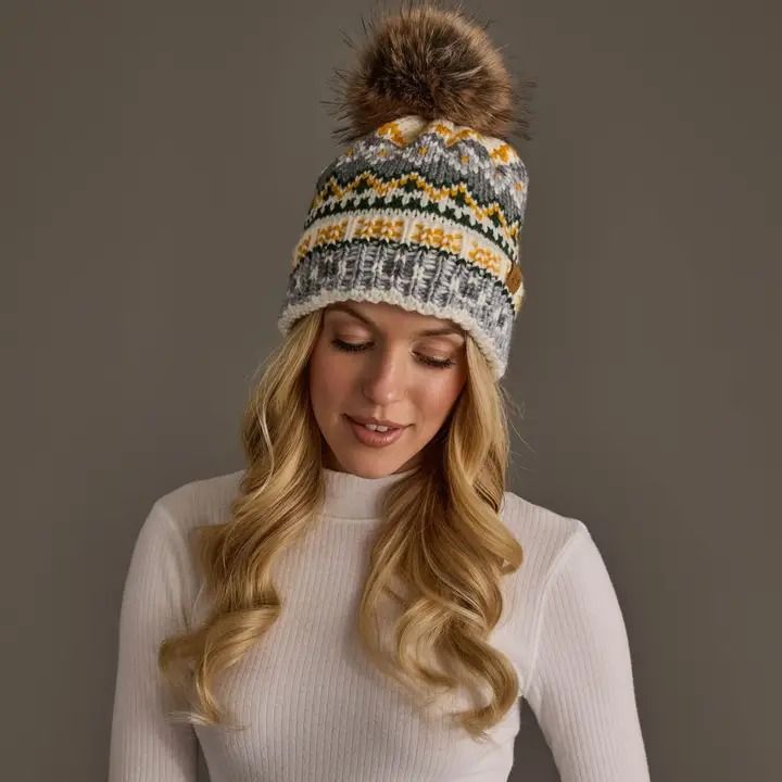 Ivory, Green, Gray &amp; Gold Patterned Pom Hat