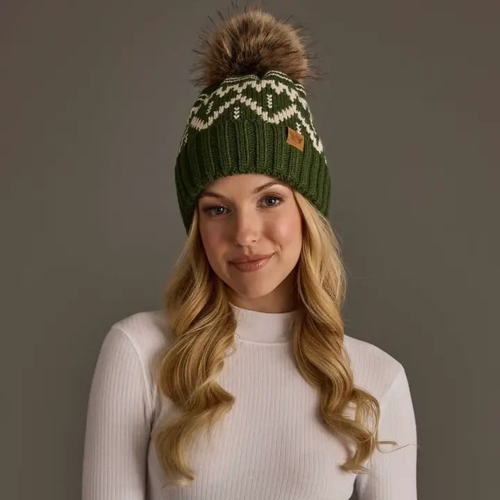 Olive &amp; Beige Patterned Pom Hat