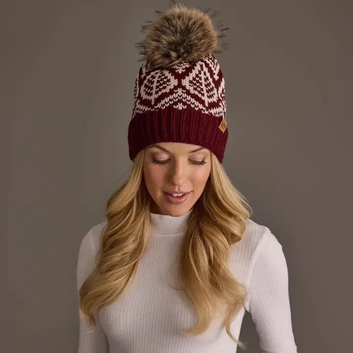 Wine &amp; Beige Patterned Knit Pom Hat