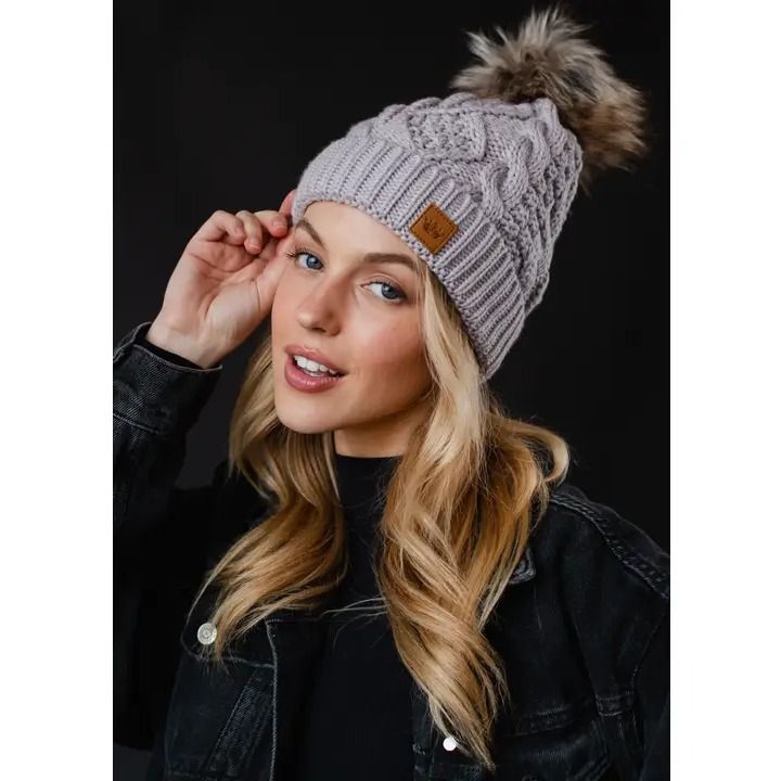 Light Purple Cable Knit Pom Hat