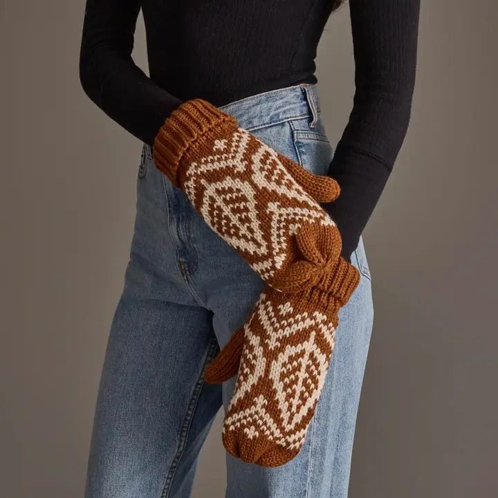 Camel &amp; Beige Patterned Knit Mittens