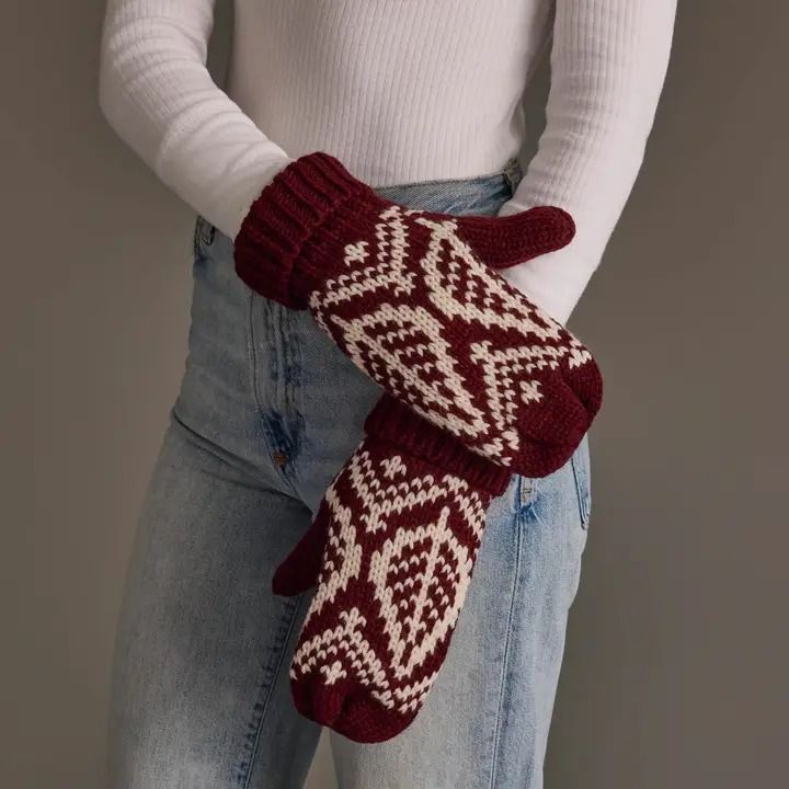 Wine &amp; Beige Patterned Knit Mittens