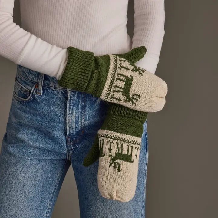 Olive &amp; Beige Deer Patterned Mittens