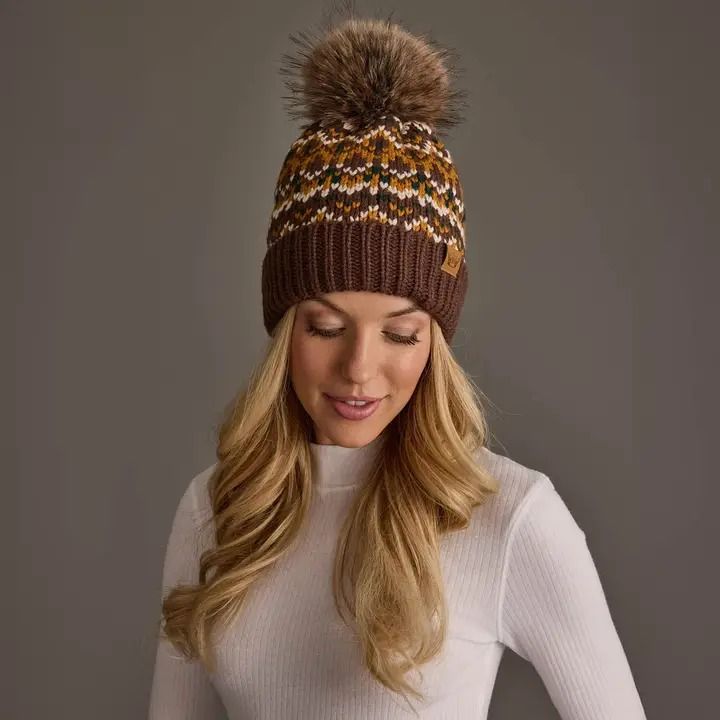 Brown, Mustard &amp; Cream Patterned Pom Hat