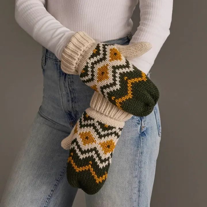 Cream, Olive &amp; Mustard Patterned Mittens