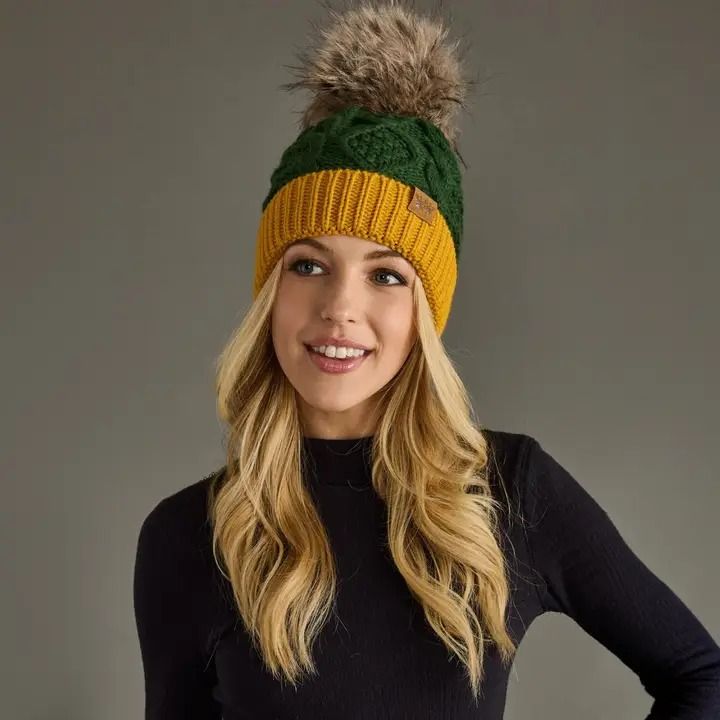 Green &amp; Gold Trim Cable Knit Pom Hat