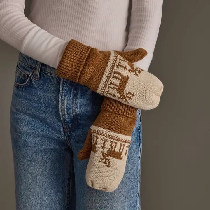 Camel &amp; Beige Deer Patterned Mittens