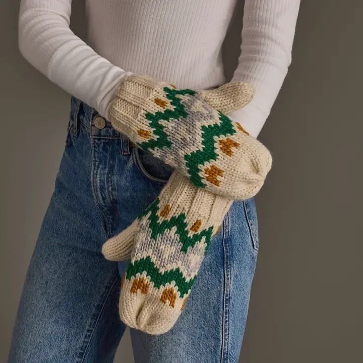 Cream, Gold, Green &amp; Gray Patterned Mittens