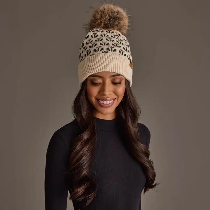 Cream Small Floral Pattern Knit Pom Hat
