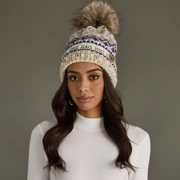 Ivory, Purple &amp; Taupe Patterned Pom Hat