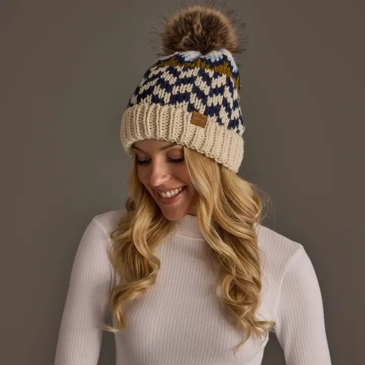 Beige, Navy &amp; Lt. Blue Patterned Pom Hat