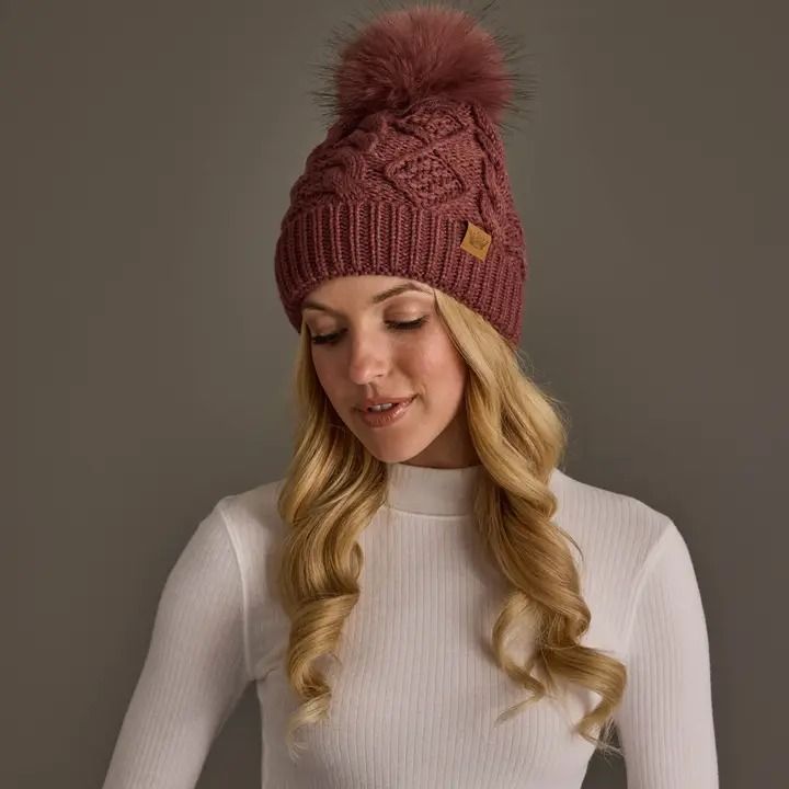 Dk. Pink Cable Knit Hat with Dk. Pink Pom