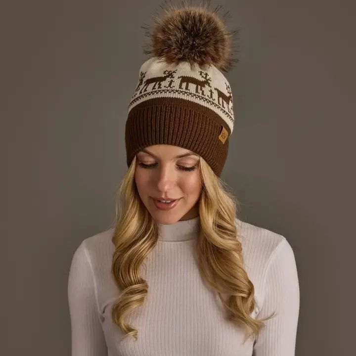 Brown &amp; Beige Deer Patterned Pom Hat