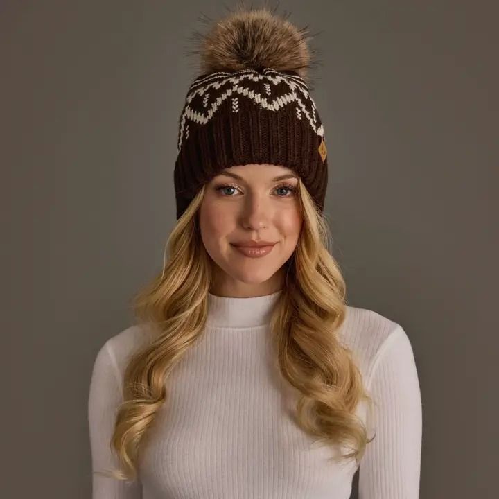 Chocolate Brown &amp; Beige Patterned Pom Hat