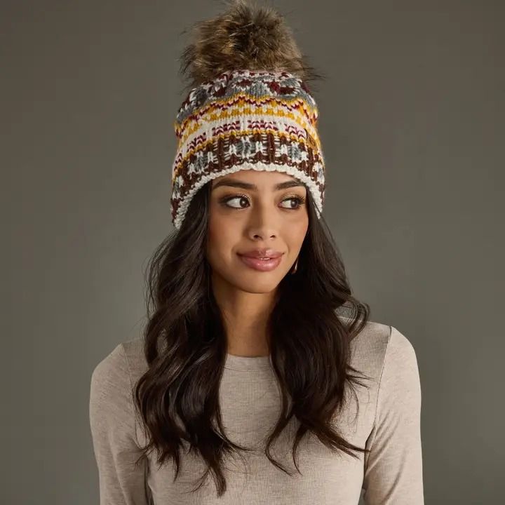 Ivory, Red &amp; Gold Patterned Pom Hat