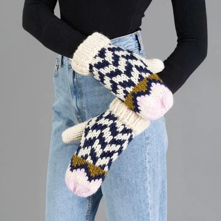 Beige, Navy &amp; Lt. Pink Patterned Mittens