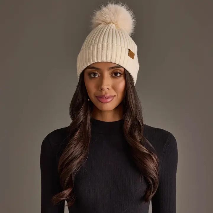 Cream Knit Hat with Cream Pom