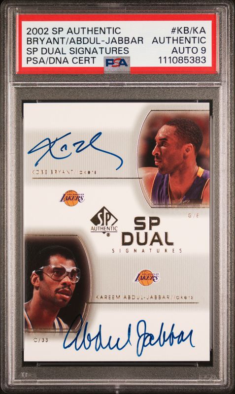 2002 Kareem Abdul-Jabbar / Kobe Bryant SP Authentic Dual Sigs PSA AUTH Auto 9 / Cert: 111085383