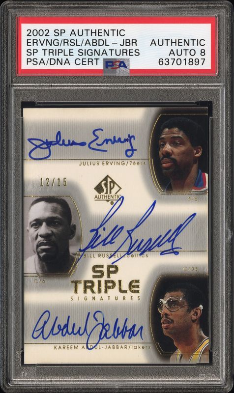 2002 Erving / Russell / Abdul-Jabbar SP Authentic Triple Sigs PSA AUTH Auto 8 / Cert: 63701897