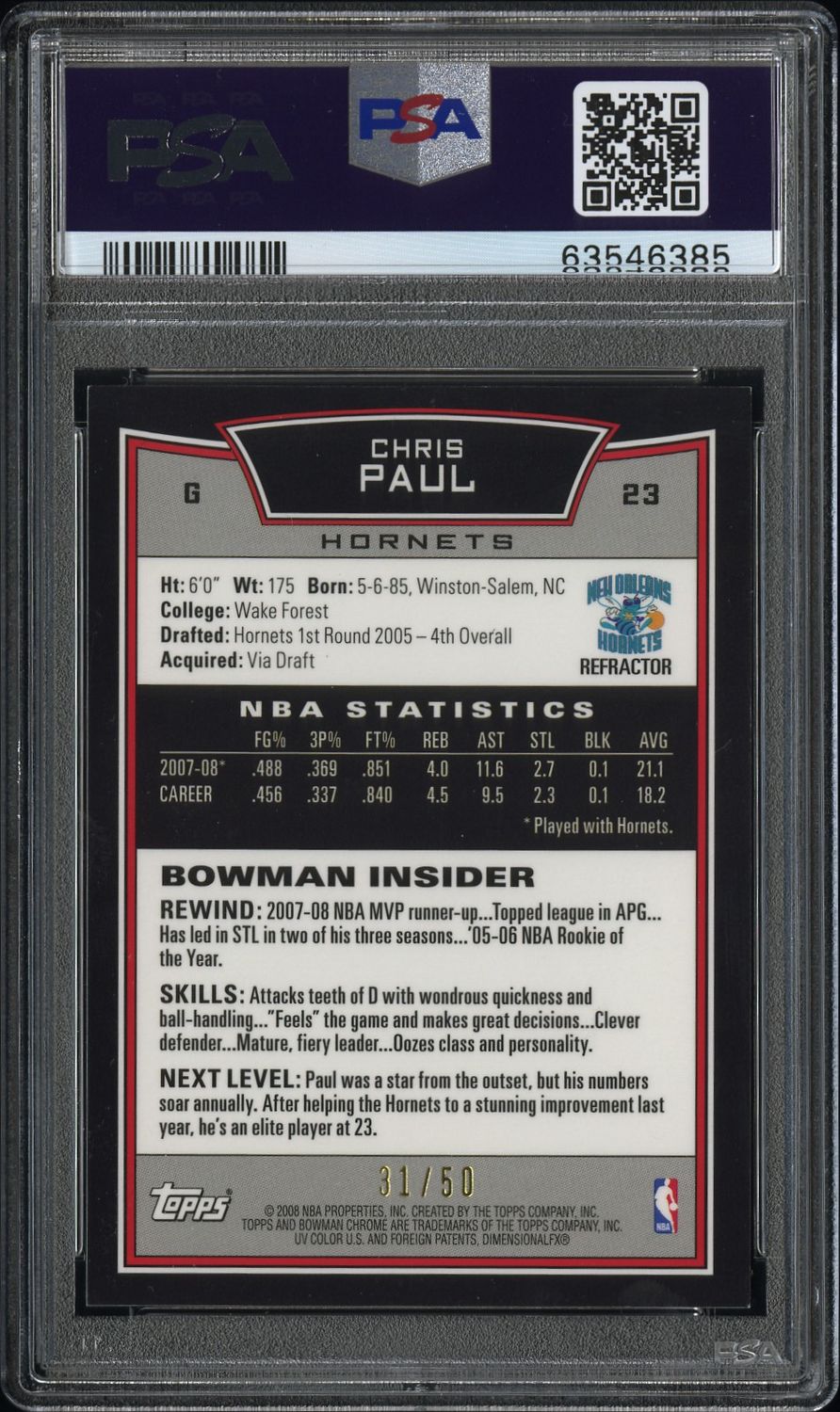 2008 Chris Paul Bowman Chrome Gold /50
