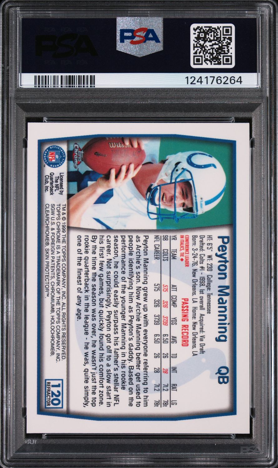 1999 Peyton Manning Topps Chrome Ref PSA 9 / Cert: 124176264