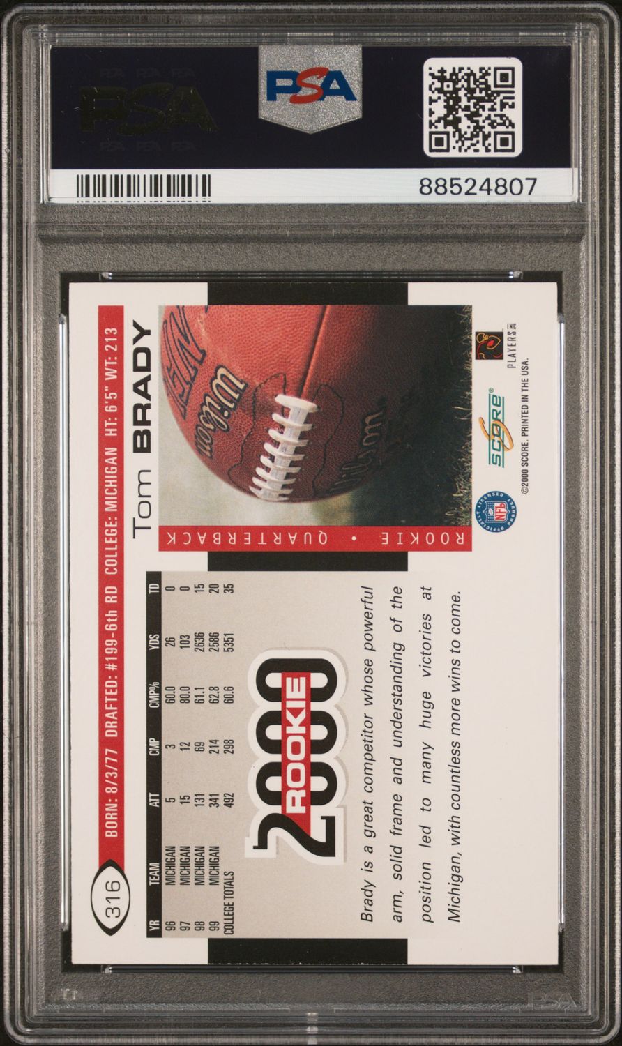 2000 Tom Brady Score PSA 7 / Cert: 88524807