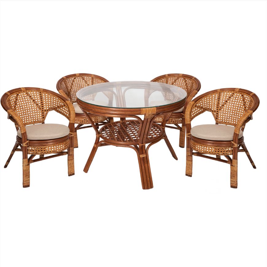 Premium Rattan Dining Set: Round Table + 4 Chairs