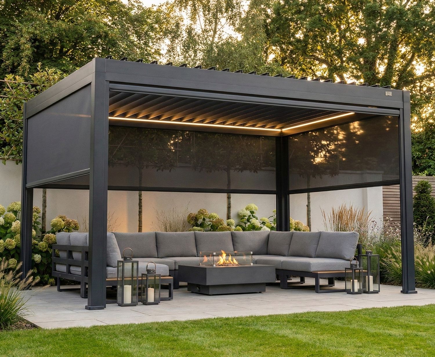 MotaShade™ 3×4m Motorised Aluminium Pergola – Double‑Layer Louvers, LEDs &amp; 3 Windscreens