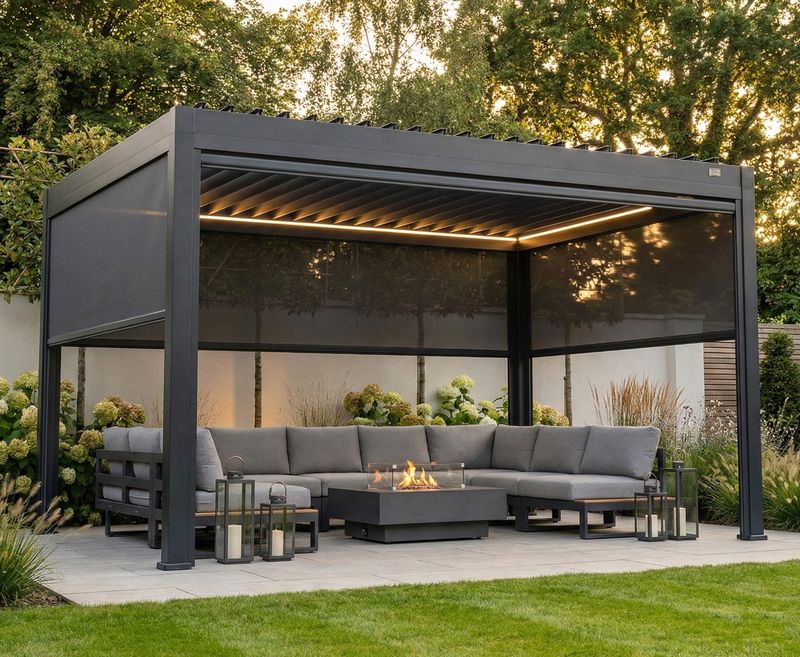 MotaShade™ 3×4m Motorised Aluminium Pergola – Double‑Layer Louvers, LEDs &amp; 3 Windscreens