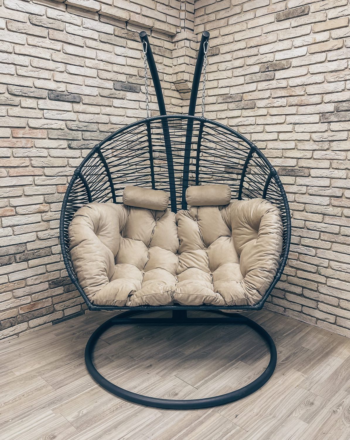 Double Hanging Egg Chair Grey with Beige Cushion