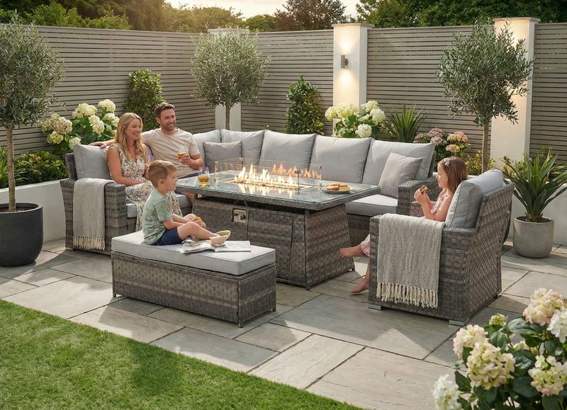 Icon Luxury Rattan Corner Sofa Set | Left - Light Grey Icon Luxury Rattan Left Hand Corner Sofa Chair Bench and Fire Pit Table - Light Grey