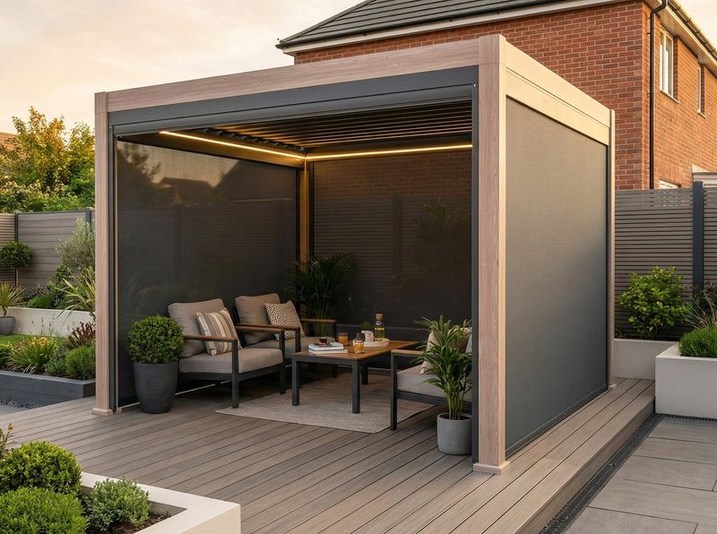 LuxShade™ 3×3m Aluminium Pergola – LEDs, Double-Layer Louvres &amp; 3 Windscreens - Oak Effect