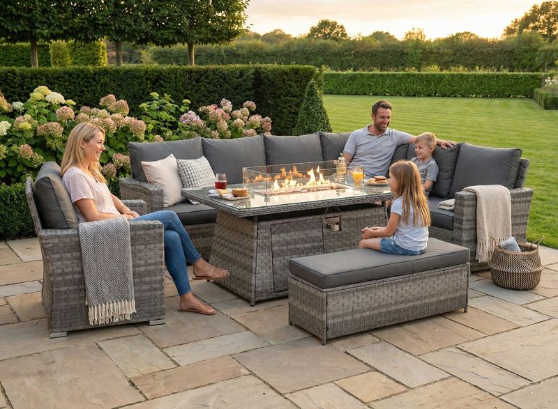 Icon Luxury Rattan Corner Sofa Set | Right - Dark Grey Icon Luxury Rattan Right Hand Corner Sofa Chair Bench and Fire Pit Table - Dark Grey
