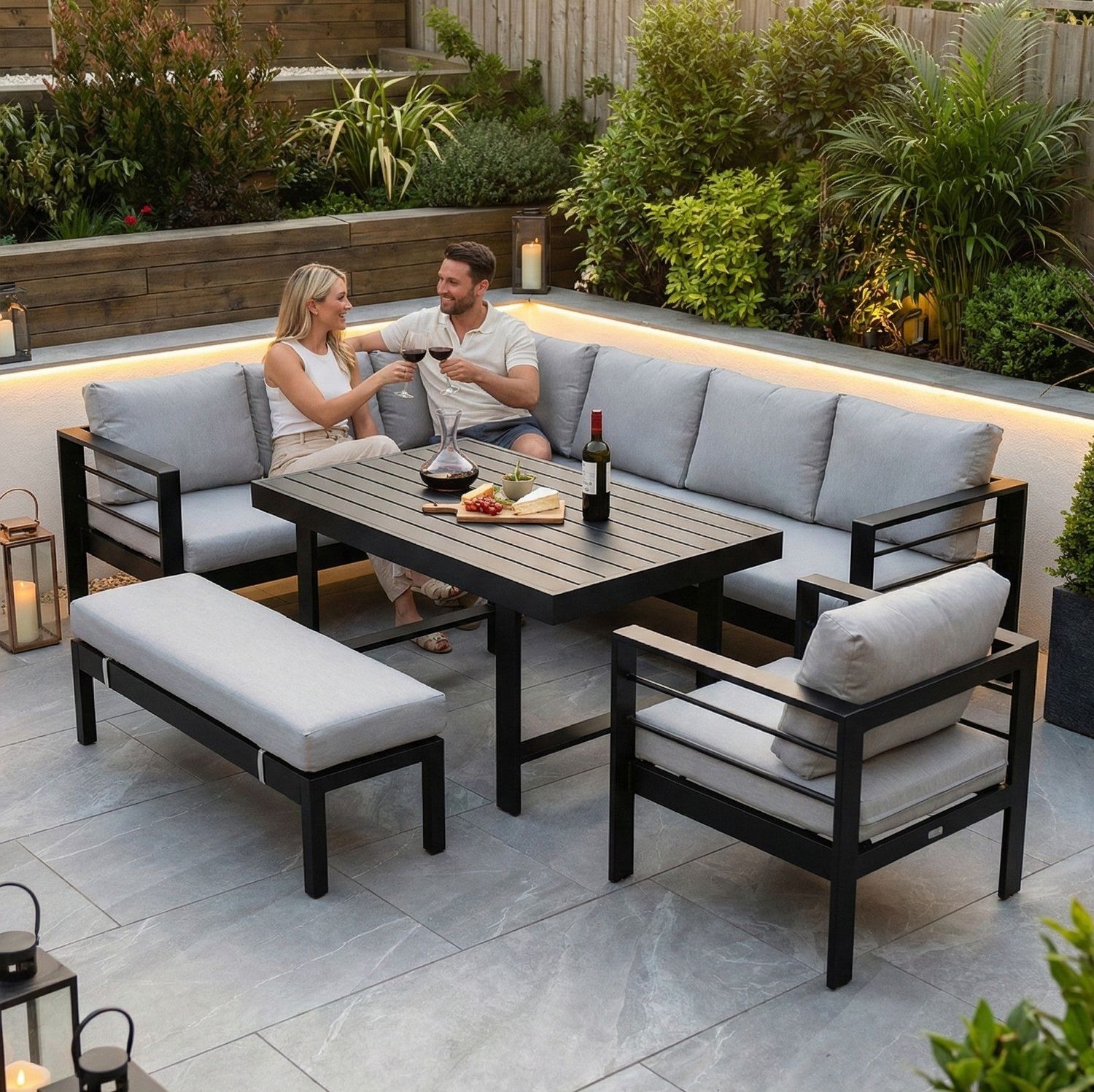 Aluminium Left Hand Corner Garden Sofa &amp; Dining Set with Bench – Black &amp; Grey