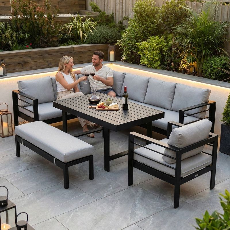 Aluminium Left Hand Corner Garden Sofa &amp; Dining Set with Bench – Black &amp; Grey