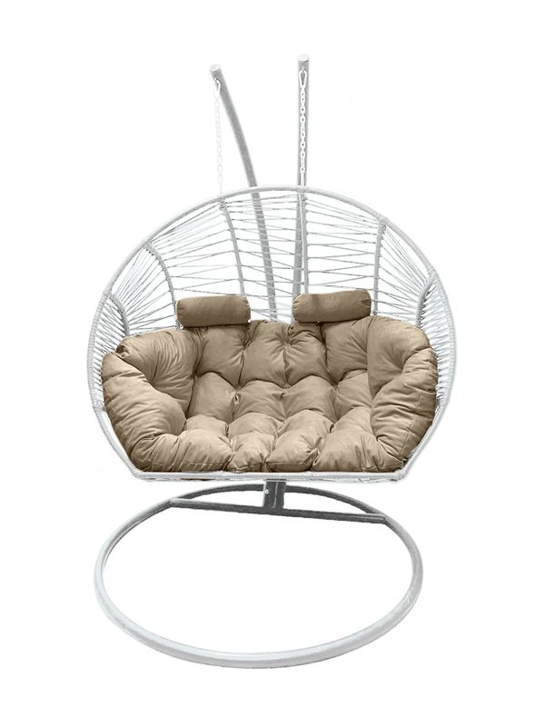 Double Hanging Egg Chair White with Beige Cushion