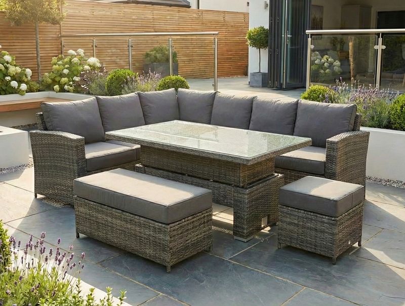 Kos Rattan Corner Sofa Set | Left - Mixed Grey / Dark Kos Rattan Left Hand Corner Sofa, Rising Table, Stool & Bench - Mixed Grey / Dark