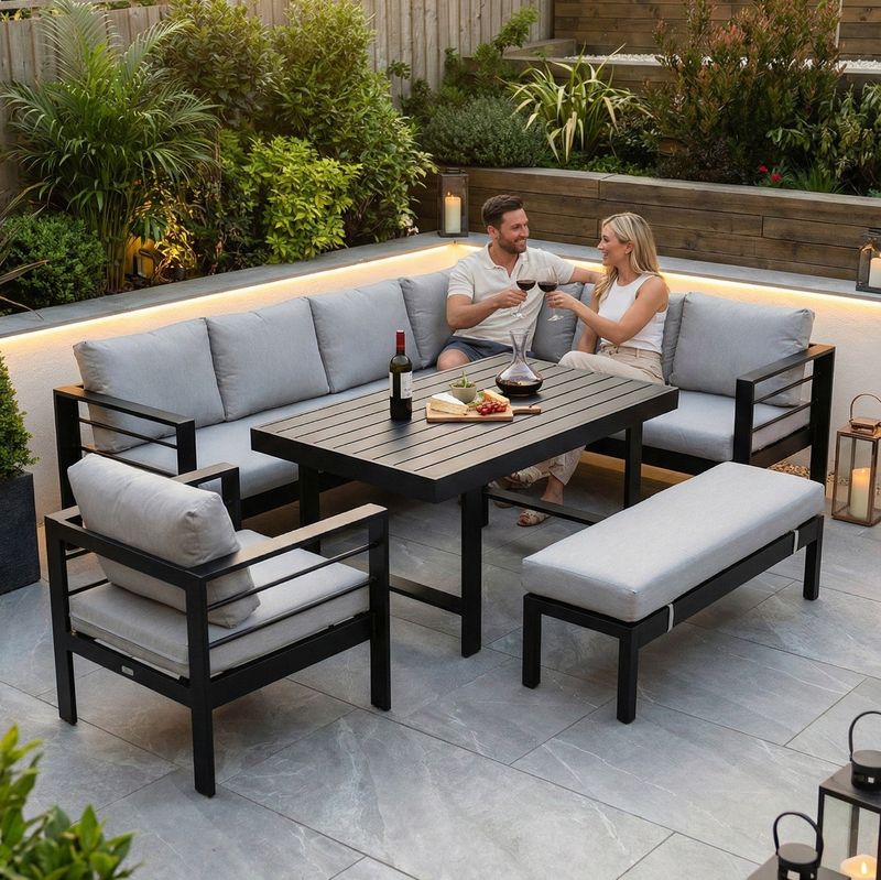 Aluminium Right Hand Corner Garden Sofa &amp; Dining Set with Bench – Black &amp; Grey