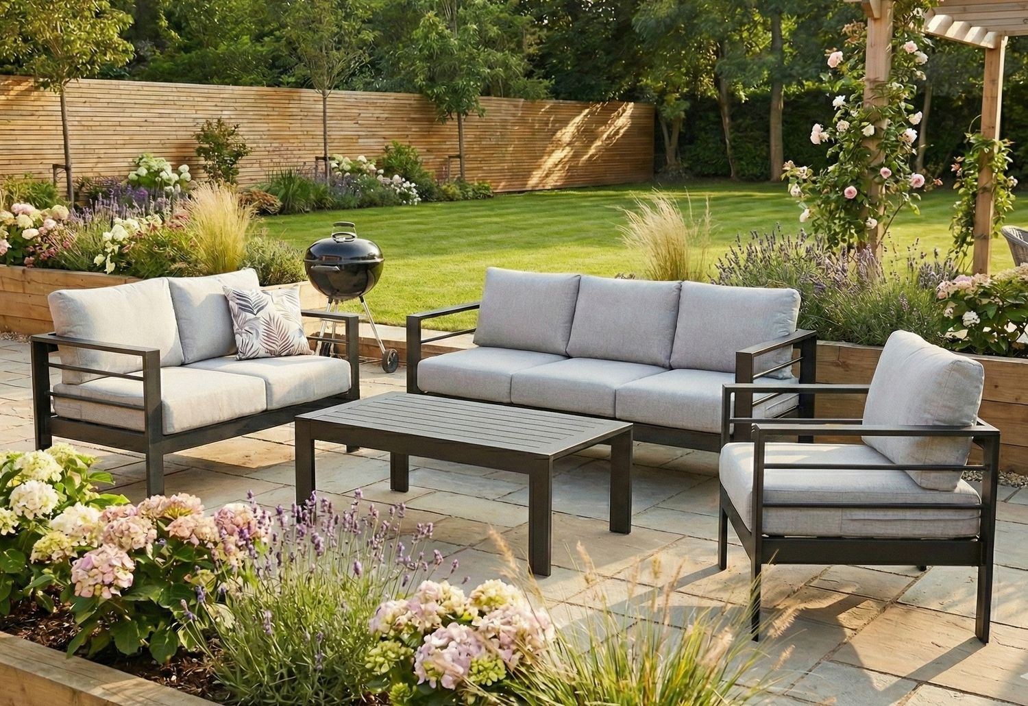 Aluminium 4-Piece Garden Furniture Set – 6 Seater Lounge (3+2+1) – Black and Grey