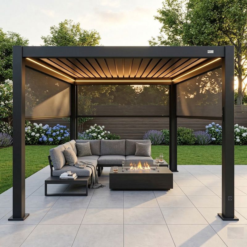MotaShade™ 3×3m Motorised Aluminium Pergola – Double‑Layer Louvers, LEDs &amp; 3 Windscreens