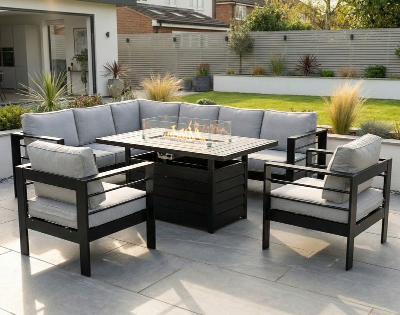 Aluminium Corner Sofa Set Fire Pit | Left Black/Grey Aluminium Left Hand Corner Garden Sofa Set with Fire Pit Table & Armchairs – Black & Grey