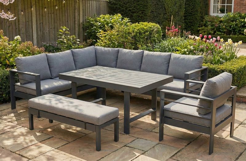 Aluminium Left Hand Corner Garden Sofa &amp; Dining Set with Bench – Dark Grey