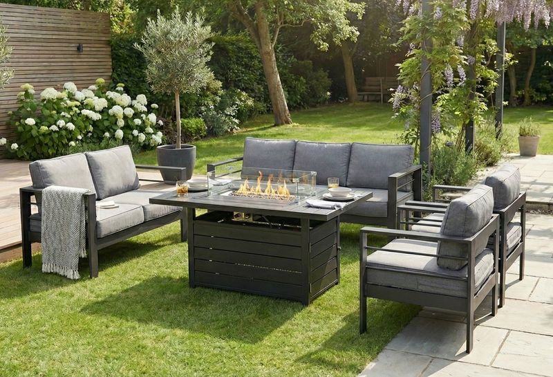 Aluminium 7 - Seater Fire Pit Lounge Set | Grey Modern 7-Seater Aluminium Fire Pit Lounge Set (3 Seater, 2 Seater, 2 Armchairs) Grey
