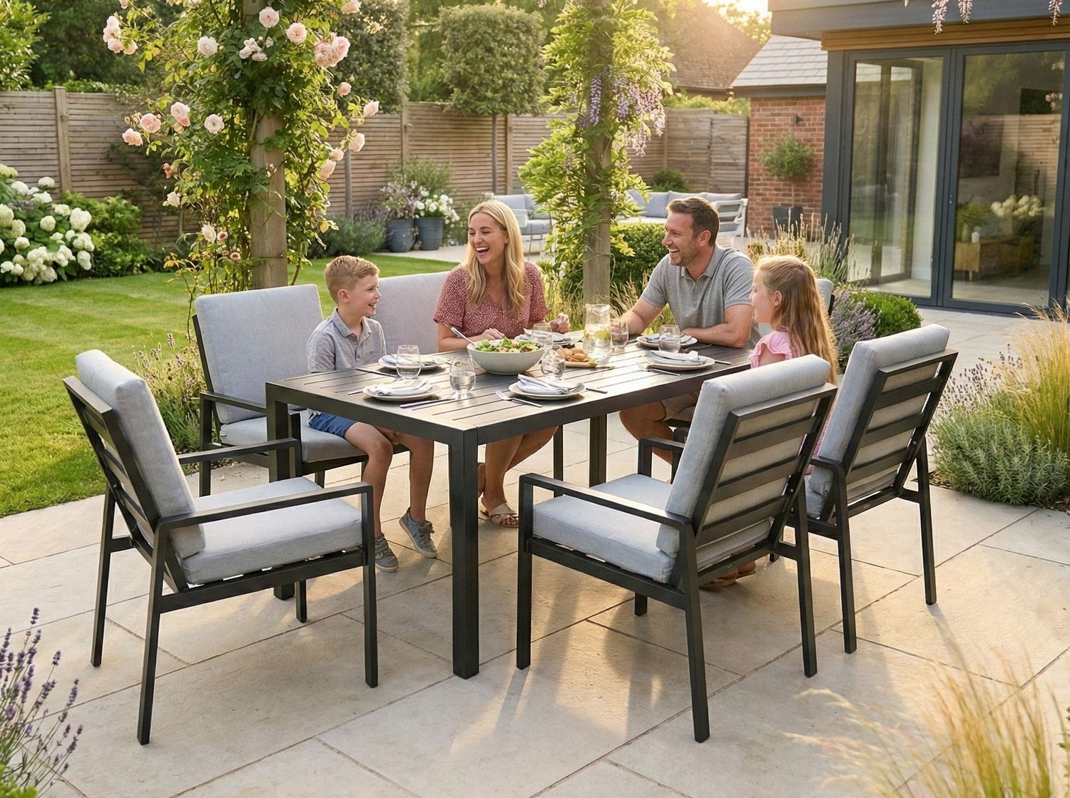Modern Aluminium 6-Seater Garden Dining Set – Rust Proof &amp; Weather Resistant – Black / Grey