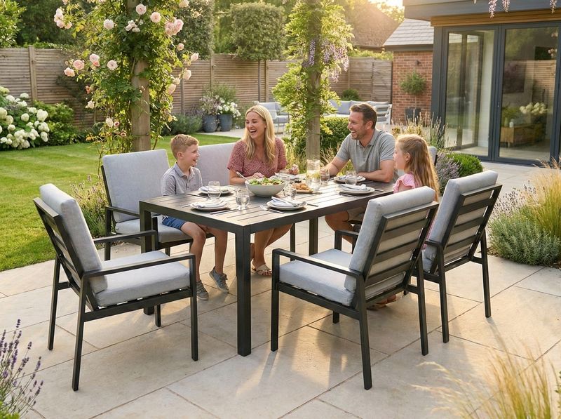 Modern Aluminium 6-Seater Garden Dining Set – Rust Proof &amp; Weather Resistant – Black / Grey