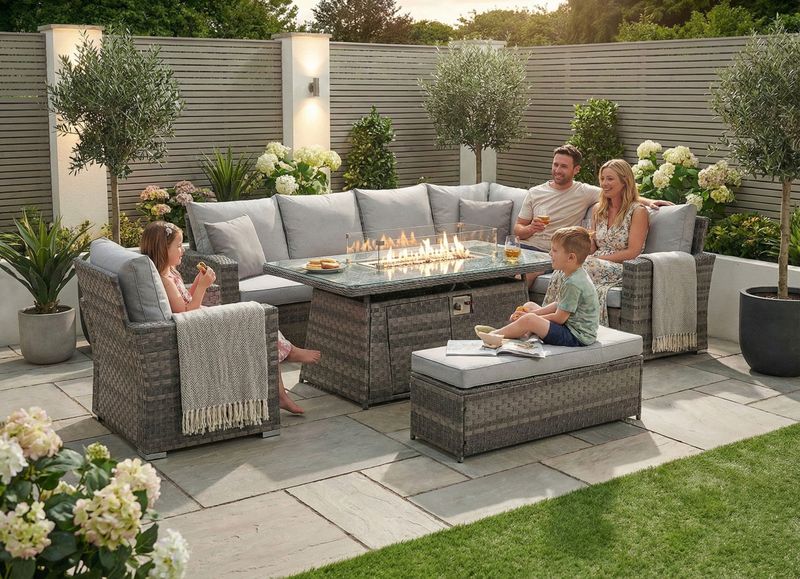 Icon Luxury Rattan Corner Sofa Set | Right - Light Grey Icon Luxury Rattan Right Hand Corner Sofa Chair Bench and Fire Pit Table - Light Grey