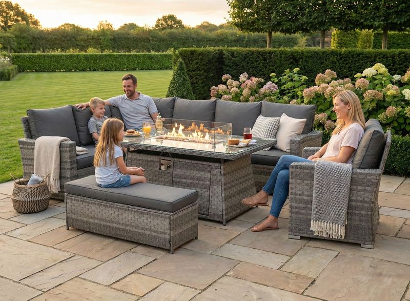 Icon Luxury Rattan Corner Sofa Set | Left - Dark Grey Icon Luxury Rattan Left Hand Corner Sofa Chair Bench and Fire Pit Table - Dark Grey